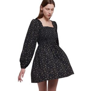 GANNI Floral Smocked Mini Dress Long Balloon Puff Sleeve Black Size 6 EUC